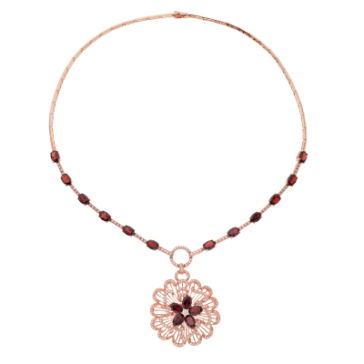 Náhrdelník z růžového zlata s granáty a diamanty. Délka 45cm