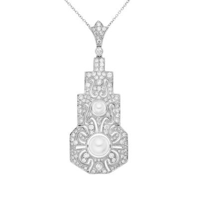 Přívěsek z bílého zlata ve stylu art deco s perlou a diamanty.Délka 42-45cm
