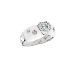 Prsten z bílého zlata s onyxem, akvamarínem ve tvaru srdce a diamanty