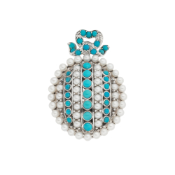 Přívěsek z bílého zlata s perlou a tyrkysy. Celková výška 4,20cm