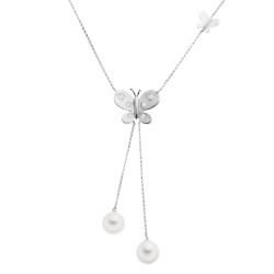 Náhrdelník z bílého zlata s perlami a diamanty. Délka řetízku 49,50cm