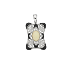 Přívěsek z bílého zlata s opálem, onyxy a diamanty. Výška 3,60cm