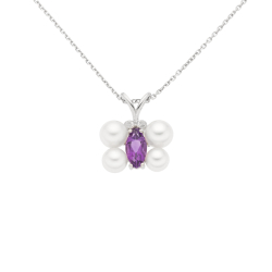 Přívěsek z bílého zlata s ametystem, perlou a diamanty. Řetízek o délce 45cm
