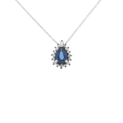 Přívěsek z bílého zlata se safírem a diamanty. Řetízek o délce 45cm