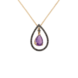 Přívěsek ze žlutého zlata s ametystem a černými diamanty.Řetízek o délce 50cm