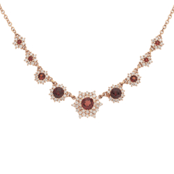 Náhrdelník z růžového zlata s granáty a diamanty. Délka řetízku 45cm