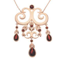 Náhrdelník z růžového zlata v secesním stylu s granáty. Délka 41 - 46cm