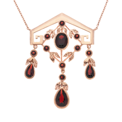 Náhrdelník z růžového zlata v secesním stylu s granáty. Délka 41 - 46cm