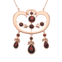 Náhrdelník z růžového zlata v secesním stylu s granáty. Délka 41 - 46cm