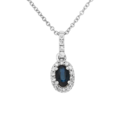 Přívěsek z bílého zlata s diamanty a safírem na řetízku o délce 42 - 45cm