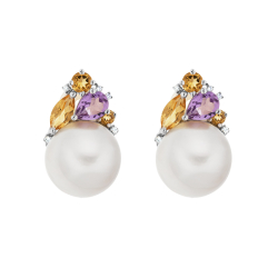 Náušnice z bílého zlata s perletí, polodrahokamy a diamanty. Výška 2,60cm
