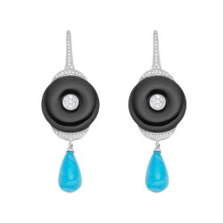 Náušnice z bílého zlata s onyxy, tyrkysy a diamanty. Celková délka 5,70cm