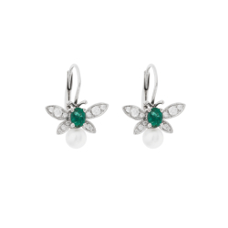 Náušnice z bílého zlata se smaragdy, perlou a diamanty.Výška náušnice 1,70cm