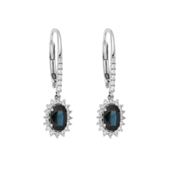 Náušnice z bílého zlata s diamanty a safíry. Celková výška 2,50cm