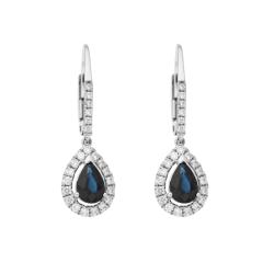 Náušnice z bílého zlata s diamanty a safíry. Celková výška 2,70cm