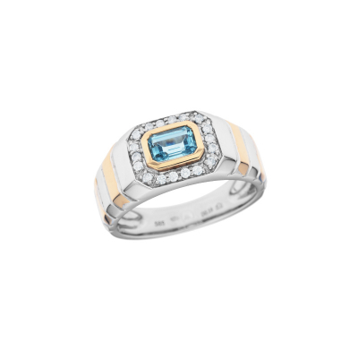 Pánský prsten z bílého a žlutého zlata s topazem a diamanty