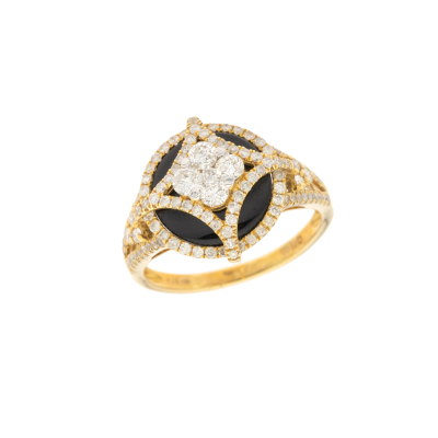 Prsten ze žlutého zlata s diamanty a onyxem