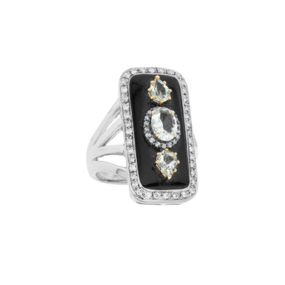 Prsten z bílého zlata s akvamarínem, diamanty a onyxem