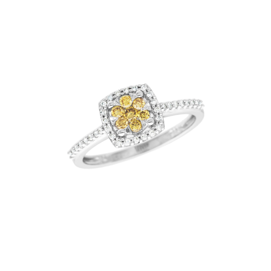 detail Prsten z bílého zlata s bílými a žlutými diamanty
