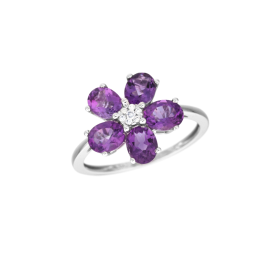 detail Prsten z bílého zlata s ametysty a diamanty