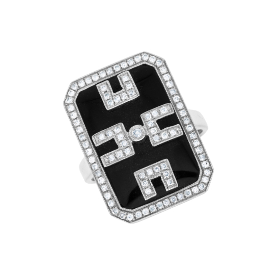 detail Prsten z bílého zlata s onyxem a diamanty