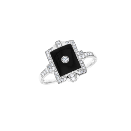 detail Prsten z bílého zlata s onyxem a diamanty