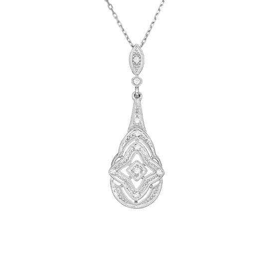 detail Přívěsek z bílého zlata ve stylu art deco s diamanty. Délka řetízku 45cm