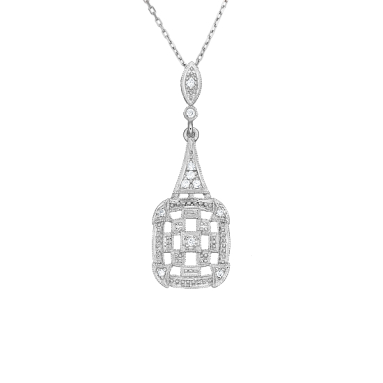 detail Přívěsek z bílého zlata ve stylu art deco s diamanty. Délka řetízku 45cm