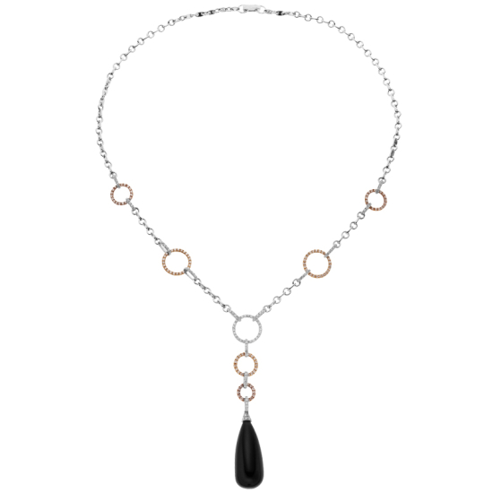 detail Náhrdelník z bílého, žlutého a růžového zlata s onyxem a diamanty. Délka 46cm