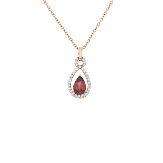 detail Přívěsek z růžového zlata s granátem a diamanty. Délka 44,5cm