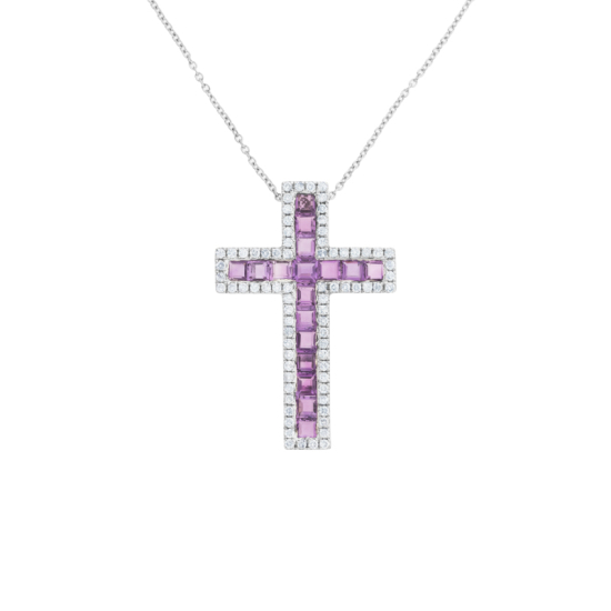 detail Přívěsek z bílého zlata s amatysty a diamanty, délka řetízku 45cm