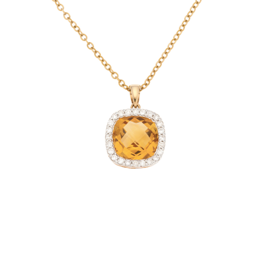 detail Přívěsek ze žlutého zlata s citrínem a diamanty.Řetízek o délce 45cm