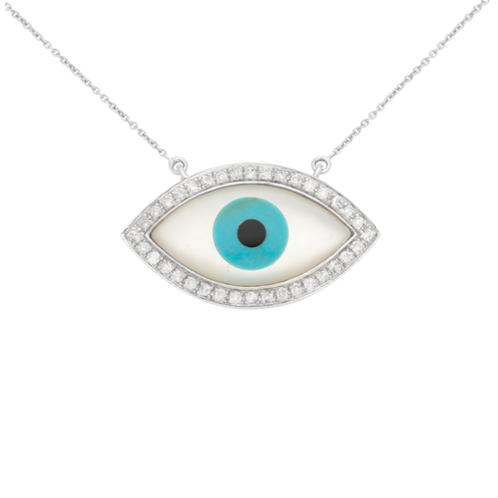 detail Náhrdelník z bílého zlata s diamanty, tyrkysem, perletí a onyxem, délka 46cm