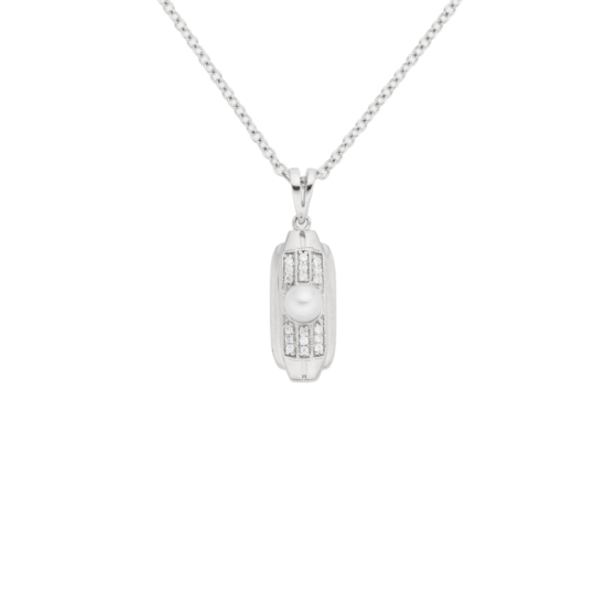 detail Přívěsek z bílého zlata s perlou a diamanty. Délka řetízku 44cm