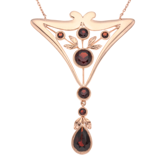 detail Náhrdelník z růžového zlata v secesním stylu s granáty. Délka 40,5 - 45,5cm