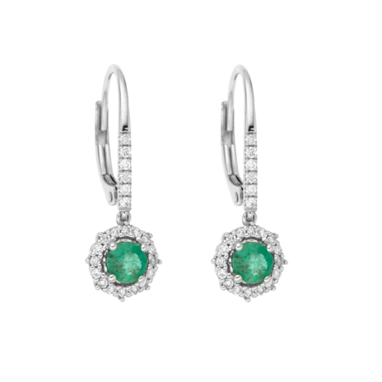 detail Náušnice z bílého zlata s diamanty a smaragdy. Celková výška 2,30cm