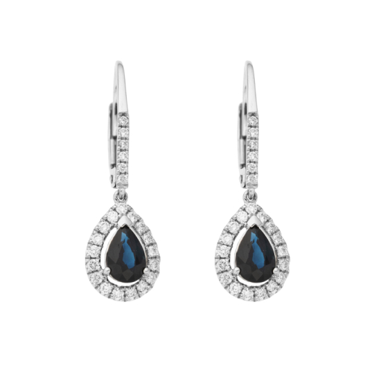 detail Náušnice z bílého zlata s diamanty a safíry. Celková výška 2,70cm