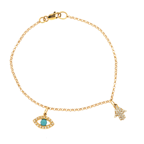 detail Náramek ze žlutého zlata s diamanty a tyrkysem o délce 18cm