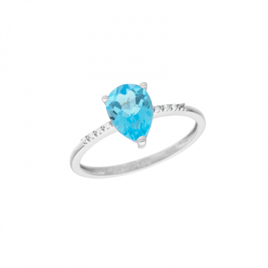 detail Prsten z bílého zlata s modrým topazem a diamanty