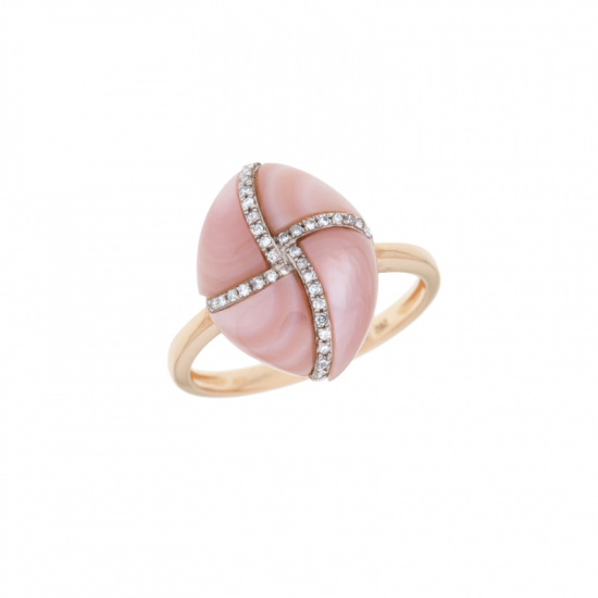 detail Prsten z růžového zlata s perletí a diamanty