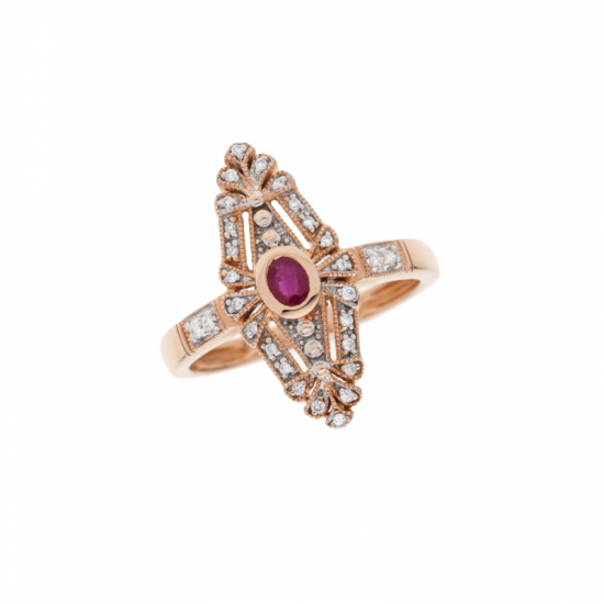 detail Prsten z růžového zlata s rubínem a diamanty