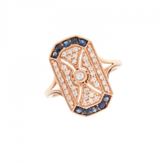 detail Prsten z růžového zlata se safíry a diamanty