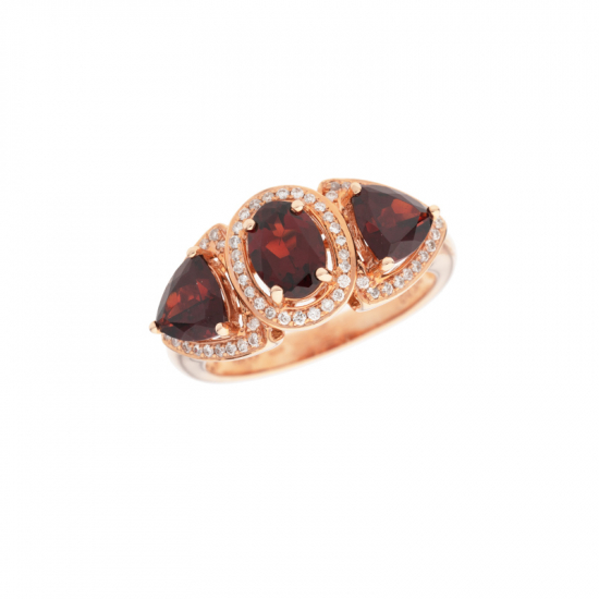 detail Prsten z růžového zlata s granáty a diamanty