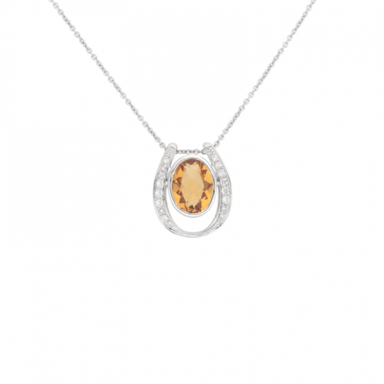 detail Přívěsek z bílého zlata s citrínem a diamanty. Řetízek o délce 45cm