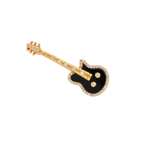 detail Brož - kytara ze žlutého zlata s onyxem a diamanty. Délka 3,40cm